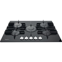Hotpoint 75CM Direct Flame Technology Gas on Glass Hob - Black - Cast Iron Supports - 5 Burners With Flame Control and 2 Semi Fast Burners